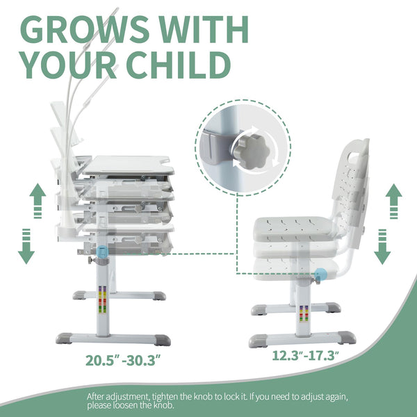 Kids Ergonomic Desk & Chair Set – Tilt Desktop, LED Light, Book Stand & Storage Drawer