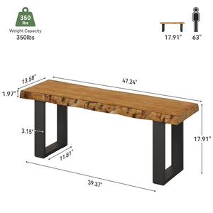 47" Live Edge Pine Wood Entryway Bench with Metal Legs