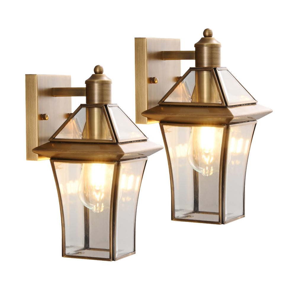 Brass Outdoor Wall Lanterns 2-Pack – Waterproof Glass Shade Sconces for Porch, Front Door & Entryway