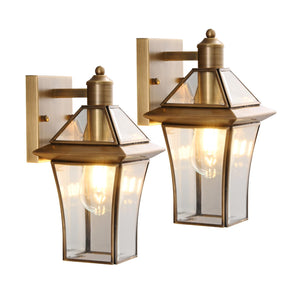 Brass Outdoor Wall Lanterns 2-Pack – Waterproof Glass Shade Sconces for Porch, Front Door & Entryway