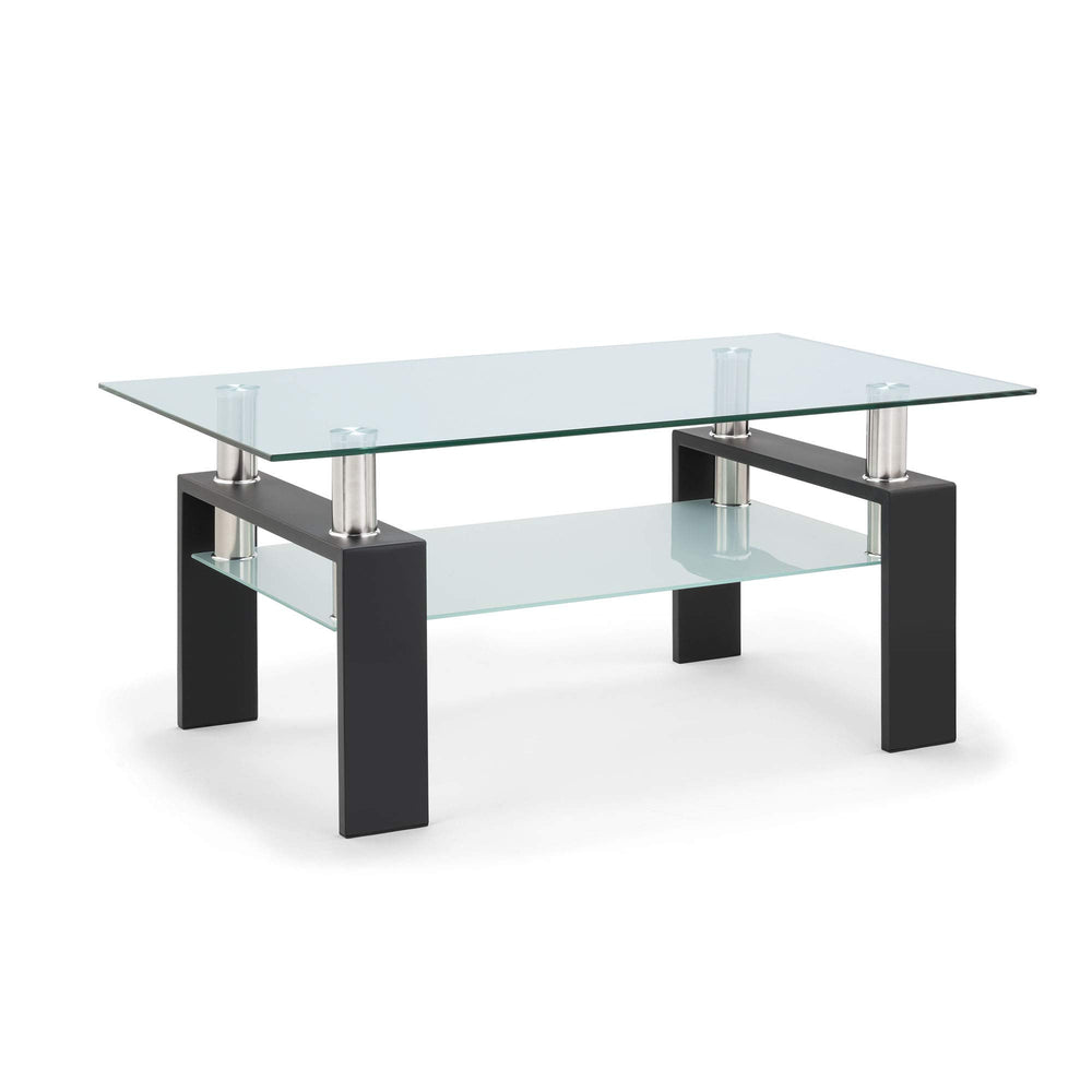 Rectangle Glass Coffee Table with Lower Shelf & Black Metal Legs