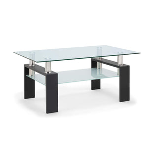 Rectangle Glass Coffee Table with Lower Shelf & Black Metal Legs