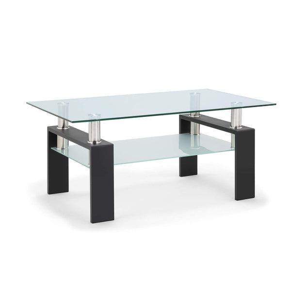 Rectangle Glass Coffee Table with Lower Shelf & Black Metal Legs