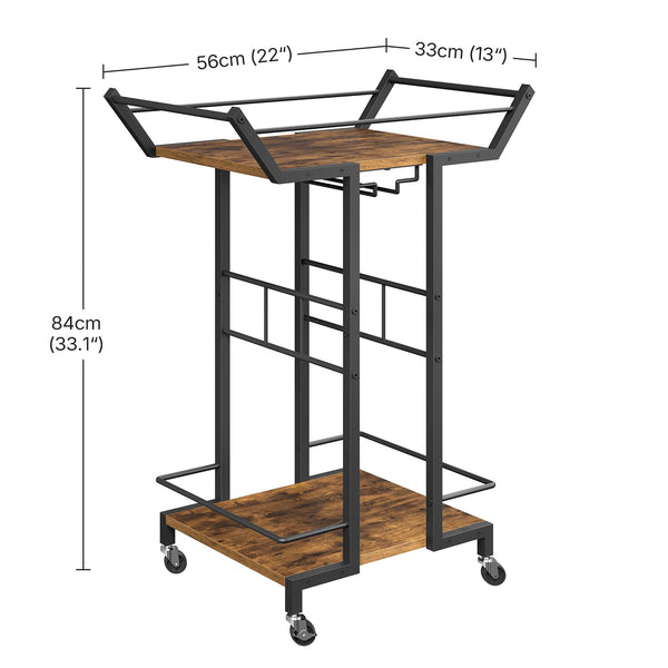 3-Tier Bar Cart with Wine Glass Rack & Wheels
