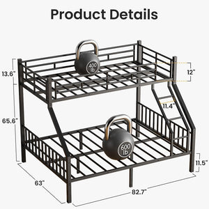 Twin XL Over Queen Metal Bunk Bed with Guardrails and Padded Ladder