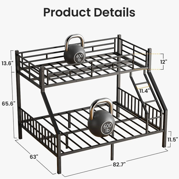 Twin XL Over Queen Metal Bunk Bed with Guardrails and Padded Ladder