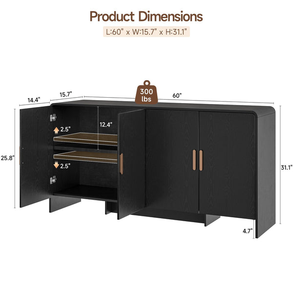 60" Sideboard Buffet Cabinet with 4 Doors & Adjustable Shelves