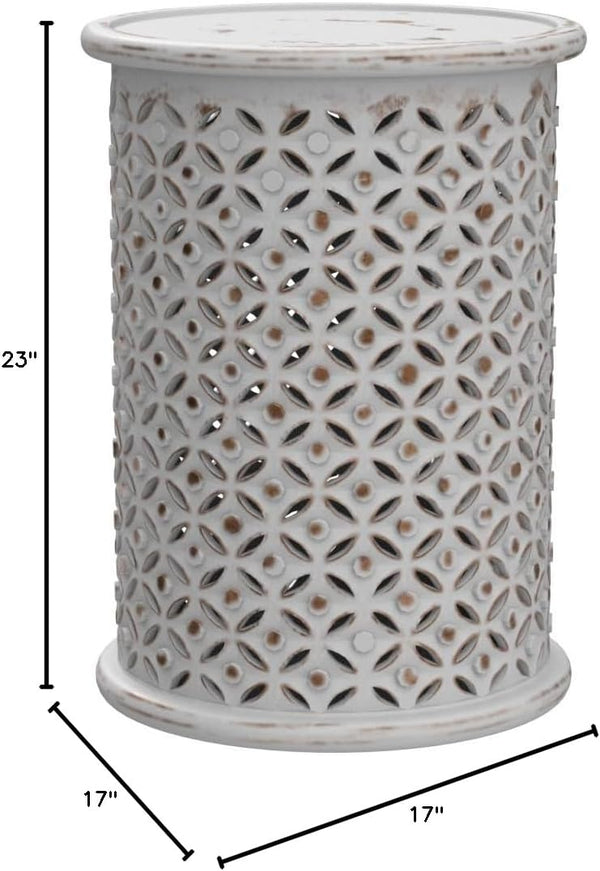 Round Drum End Table – Hand-Carved Mango Wood