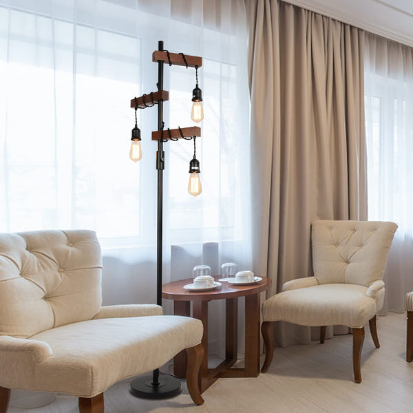Wood Floor Lamp with Dimmable 3-Head Design