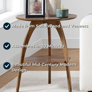 Round Wood End Table with Lower Shelf