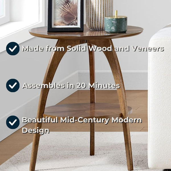 Round Wood End Table with Lower Shelf