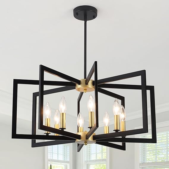 Black Lantern Chandelier – 8-Light Foyer Pendant for High Ceilings