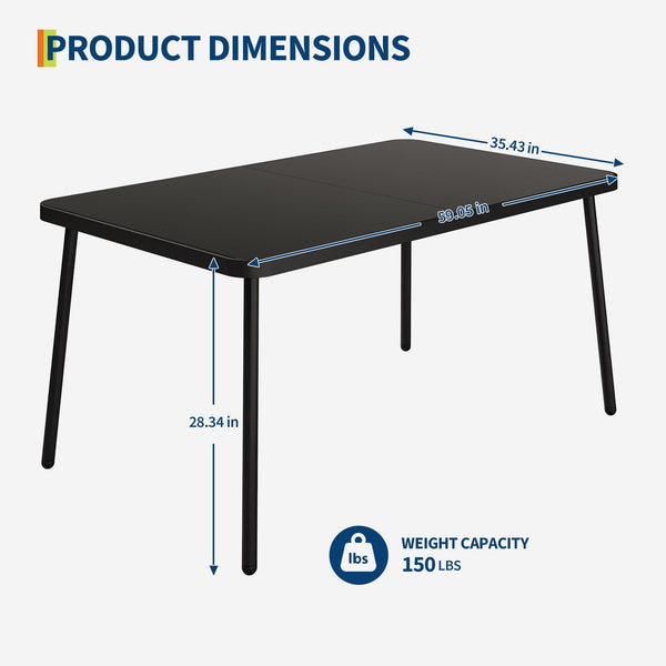 59-Inch Rectangular Outdoor Dining Table with Tempered Glass Top
