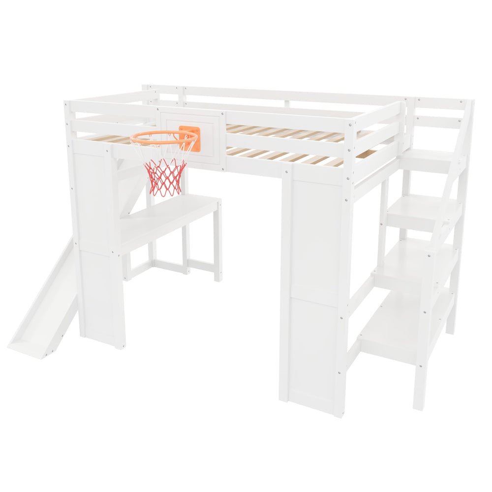 Full Size Kids Loft Bed with Slide, Desk & Storage