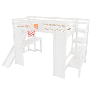 Full Size Kids Loft Bed with Slide, Desk & Storage