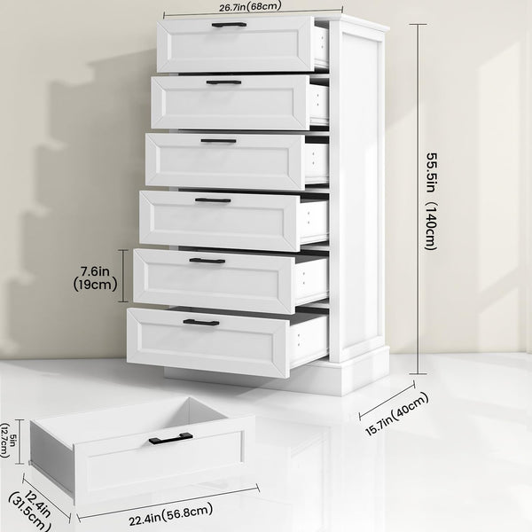 White 6-Drawer Tall Dresser – Modern Farmhouse Chest of Drawers