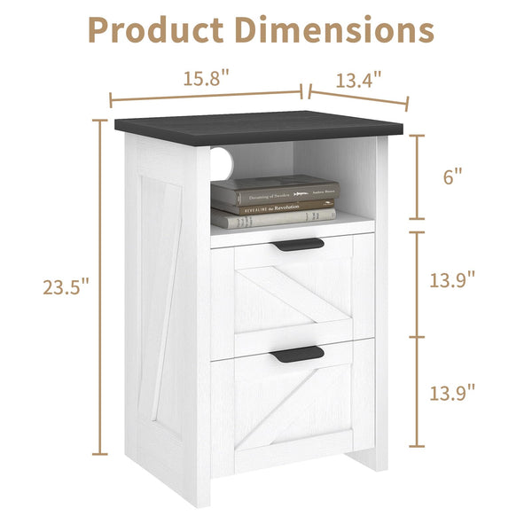 Farmhouse Nightstand Set of 2 with Charging Station & Drawers