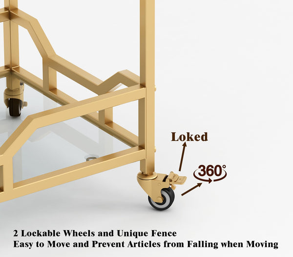 3-Tier Gold Bar Cart with Glass Shelves & Wheels