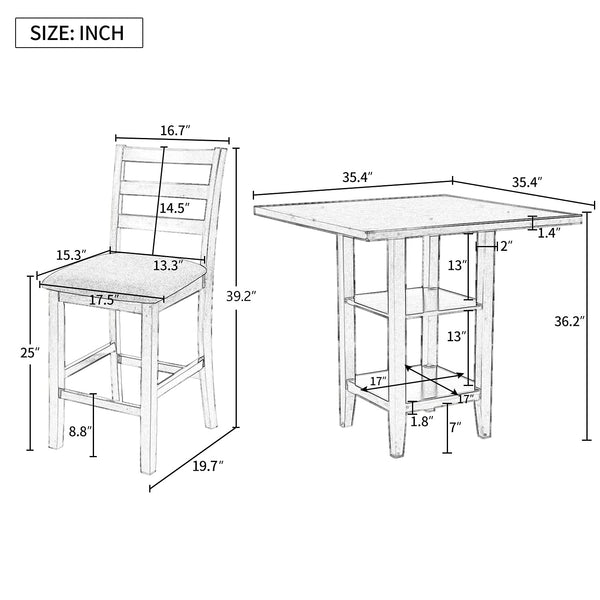 5-Piece Counter Height Dining Set with Storage Shelves and Padded Chairs