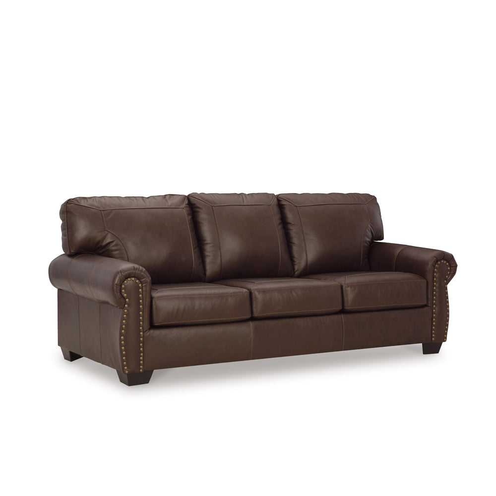 Traditional Leather Match Sofa with Nailhead Trim, Dark Brown