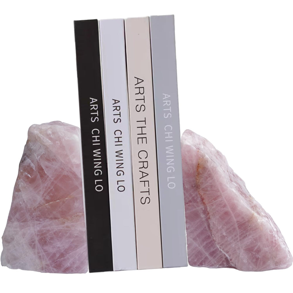 Natural Rose Quartz Bookends with Anti-Slip Rubber Feet – Raw & Polished Crystal Pair
