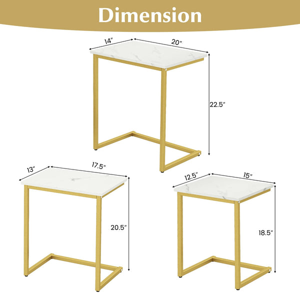 Nesting Coffee Table Set of 3, C-Shaped End Tables with Faux Marble Top