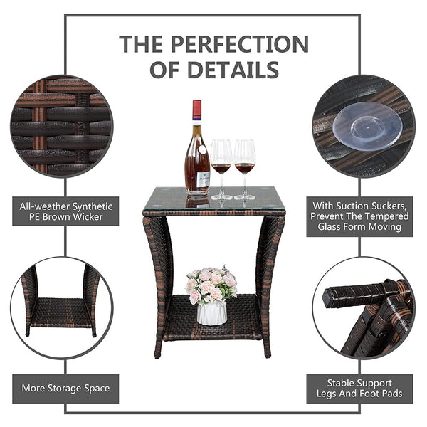 Outdoor Wicker Side Table with Glass Top
