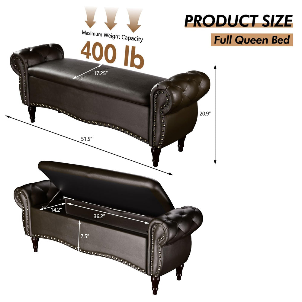 Upholstered Storage Ottoman Bench with Rolled Arms & Nailhead Trim