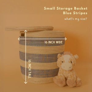Navy Stripe Wicker Storage Basket with Lid and Handles