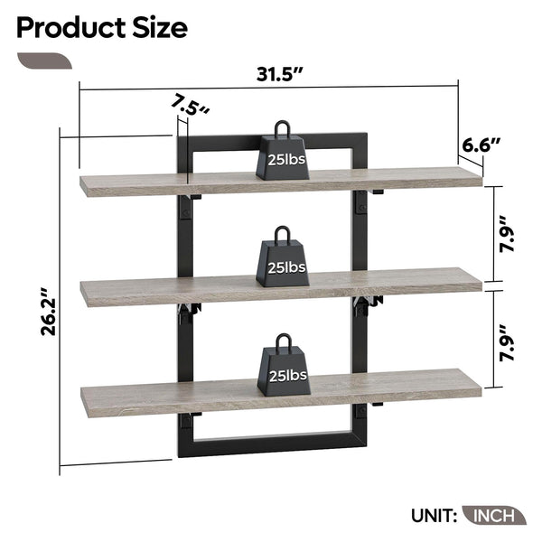 3-Tier Foldable Wall Mounted Floating Shelf with Industrial Metal Brackets