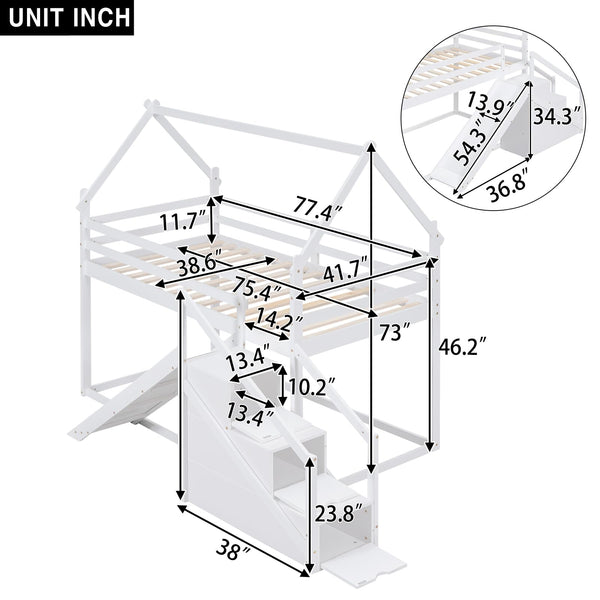 Twin Over Twin Bunk Bed with Storage Stairs & Guardrails