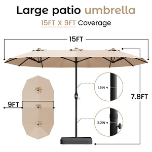 15ft x 9ft Double-Sided Rectangular Patio Umbrella with Crank & Base