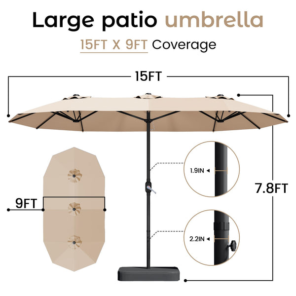 15ft x 9ft Double-Sided Rectangular Patio Umbrella with Crank & Base