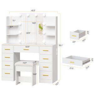 Makeup Vanity Desk with Mirror, Lights & Storage, White