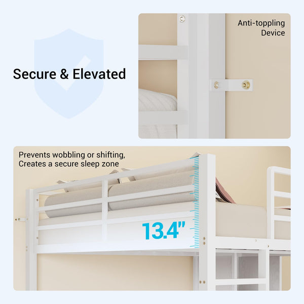 Full Size Loft Bed with L-Desk, Bookshelf & Storage