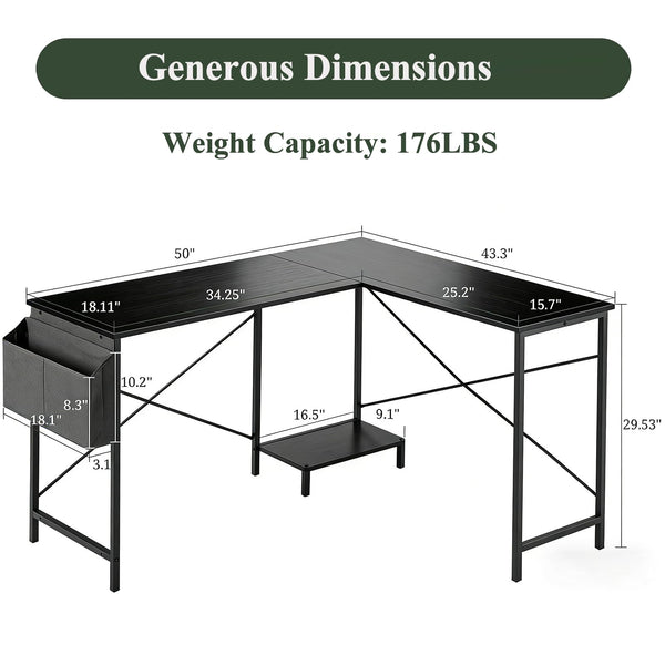 L-Shaped Desk 50 Inch – Reversible Corner Computer Desk with CPU Stand & Storage Bag