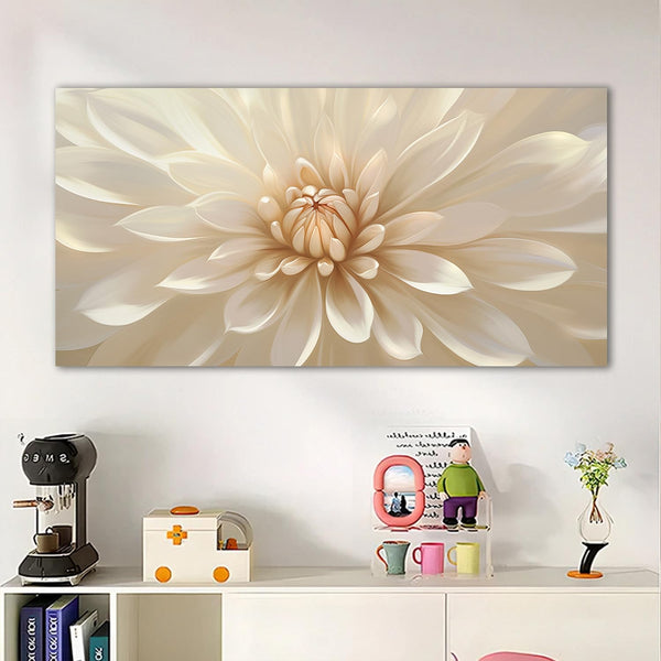 Large Floral Canvas Wall Art – White Gold Botanical Print