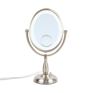 Oval LED Lighted Makeup Mirror with 10X, 1X & 15X Magnification – Nickel Finish