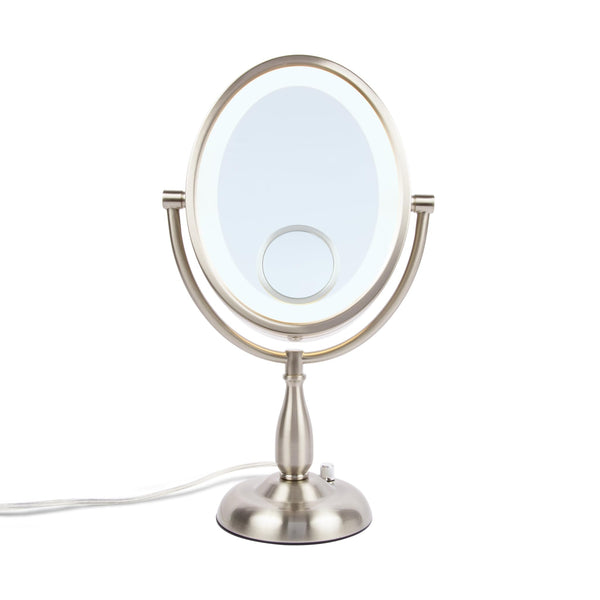 Oval LED Lighted Makeup Mirror with 10X, 1X & 15X Magnification – Nickel Finish