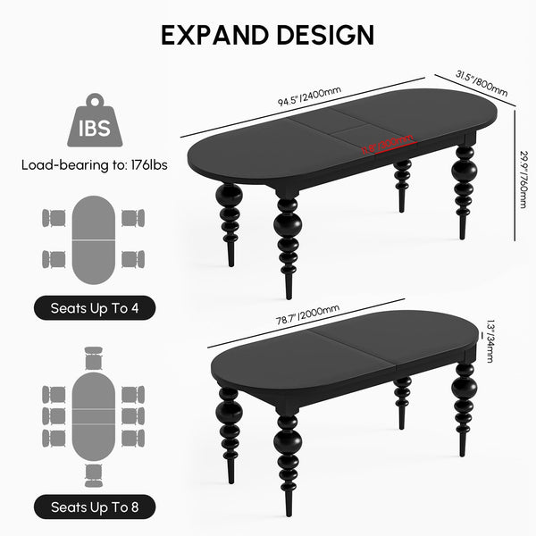 Oval Extendable Dining Table 67–79 Inch | Seats 4–8 | Black MDF