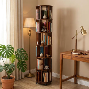 6-Tier Rotating Bookshelf Tower with Lockable Wheels