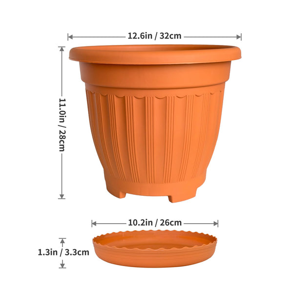 Large Plastic Planters with Drainage & Saucers – Set of 4