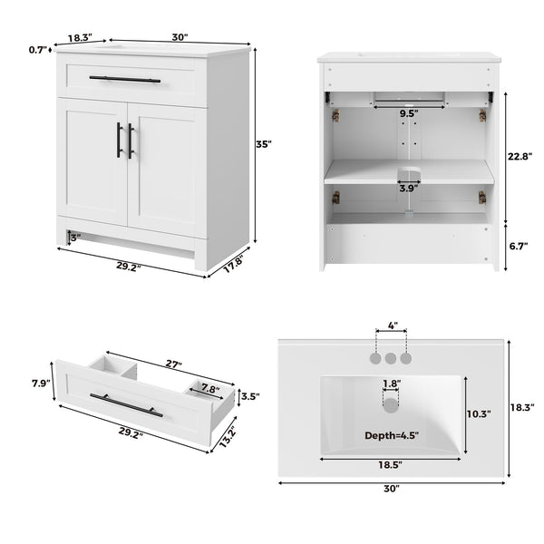 30" Freestanding Bathroom Vanity with Integrated Ceramic Sink