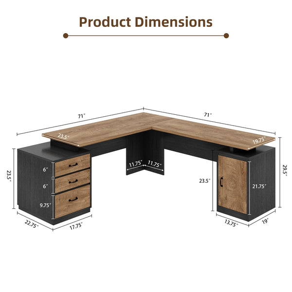 71-Inch L-Shaped Executive Desk with Drawers & Privacy Panel