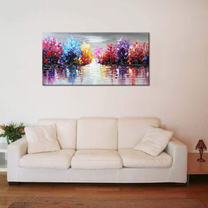 Hand Painted Lake Landscape Canvas Wall Art – Colorful Tree Thick Texture Oil Painting