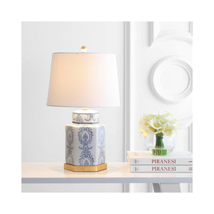Blue & White Ceramic Table Lamps Set of 2 with Gold Leaf Accents