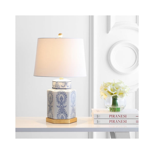 Blue & White Ceramic Table Lamps Set of 2 with Gold Leaf Accents