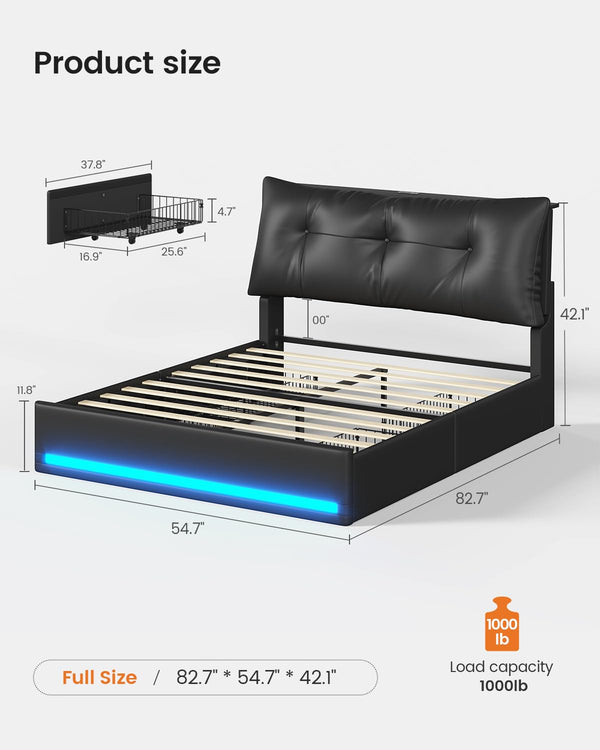 Full Size Platform Bed Frame with Storage Drawers, LED Lighting & Charging Station