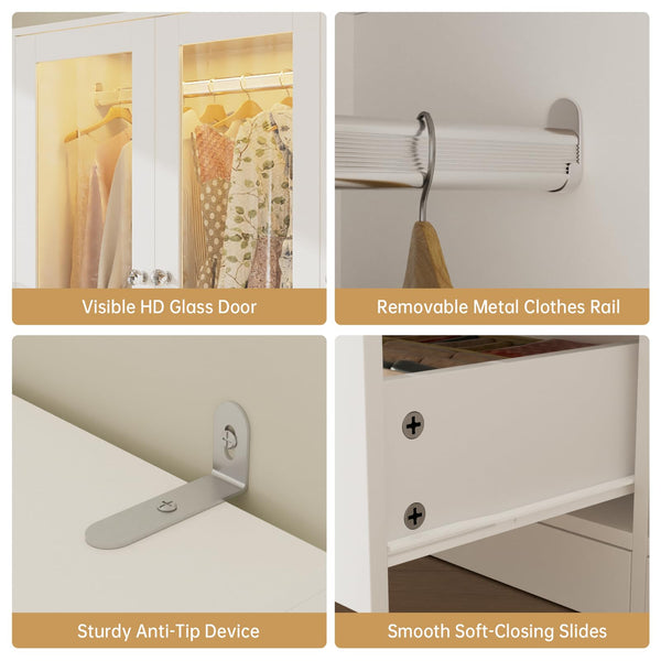 Wardrobe Closet with Glass Doors, LED Lighting & Drawers