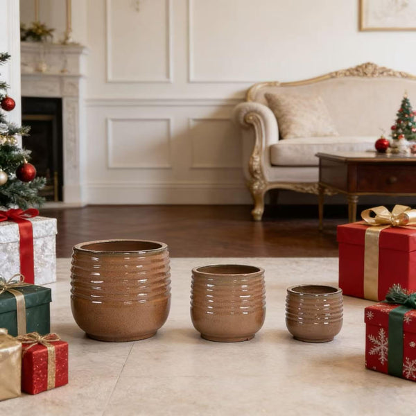 Ceramic Plant Pots Set of 3 with Drainage Holes – Ribbed Glossy Planters